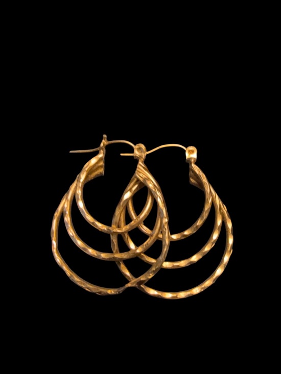14K Solid Gold Jewelry - Vintage 1980’s Solid 14k Gold Twisted Triple Hoop Earrings 1.25”, 2.8g